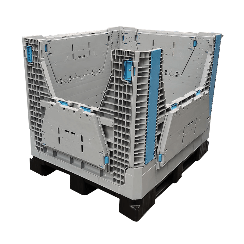 Folding industrial plastic pallet box with open side door
