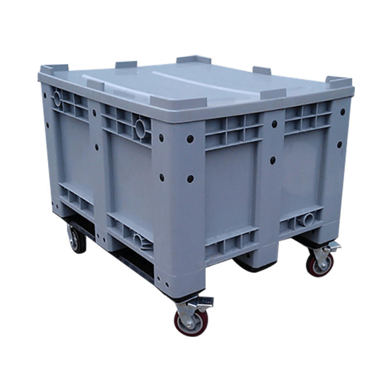Dark grey soild plastic pallet box with lid and wheels