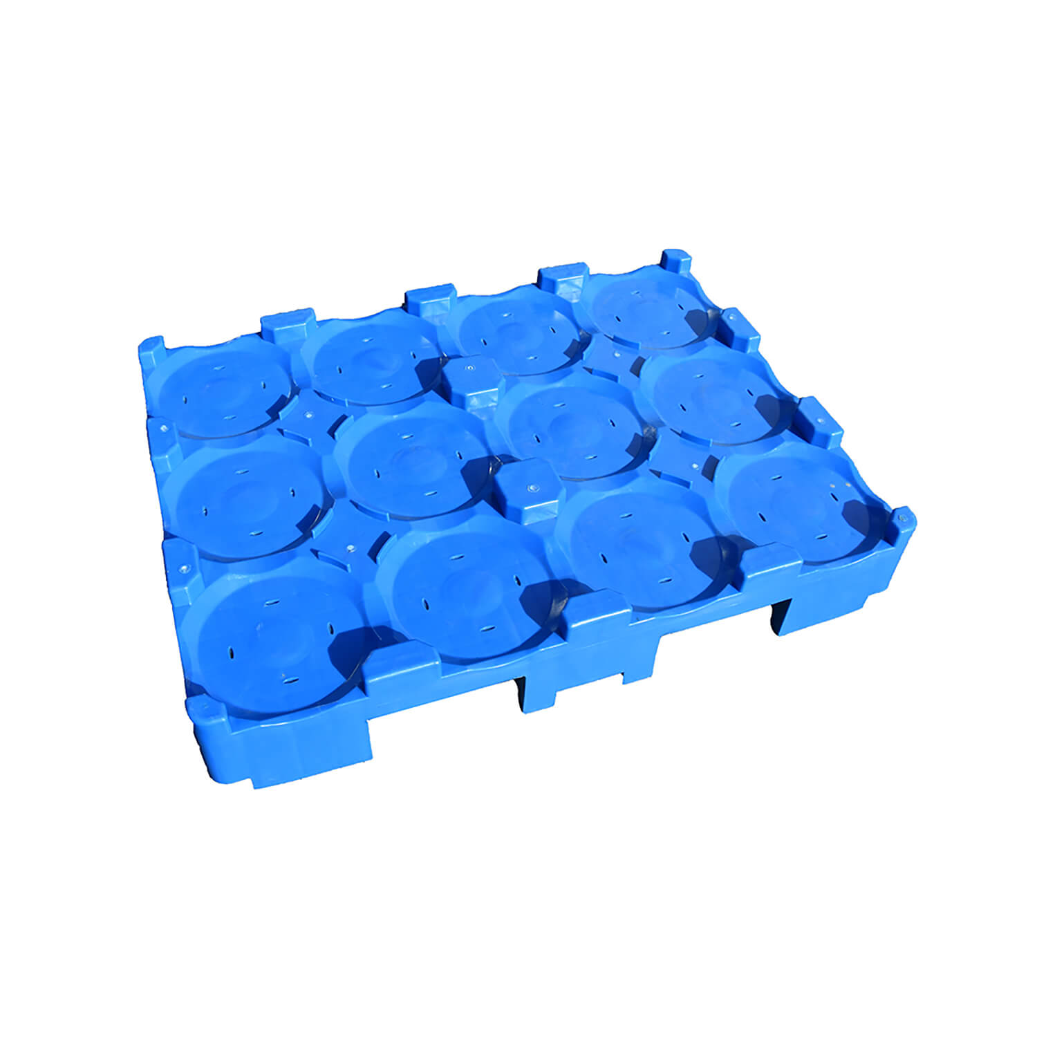 Front view of blue bucket plastic tray