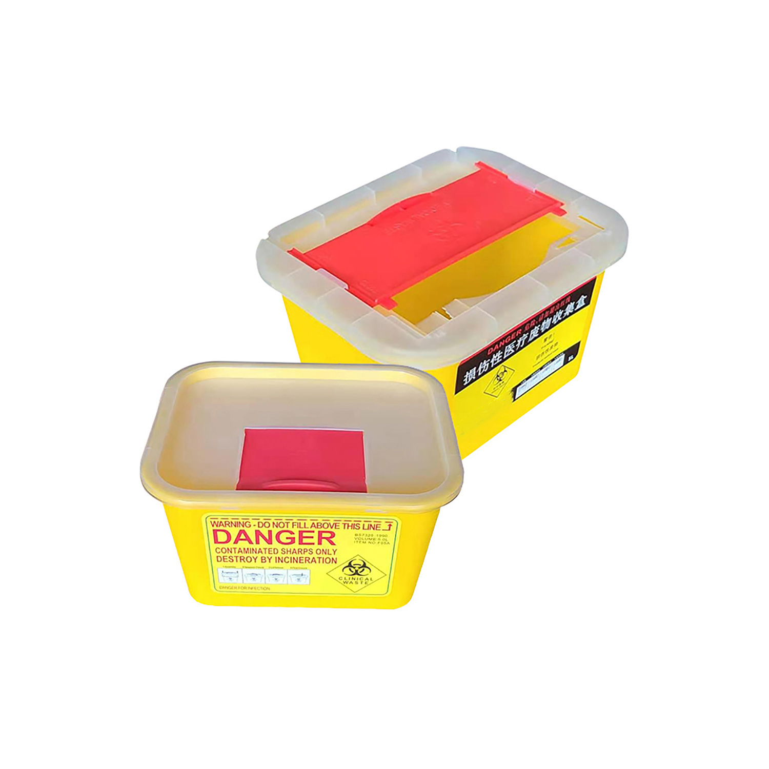 Two types of plastic sharps boxes with push-pull lids