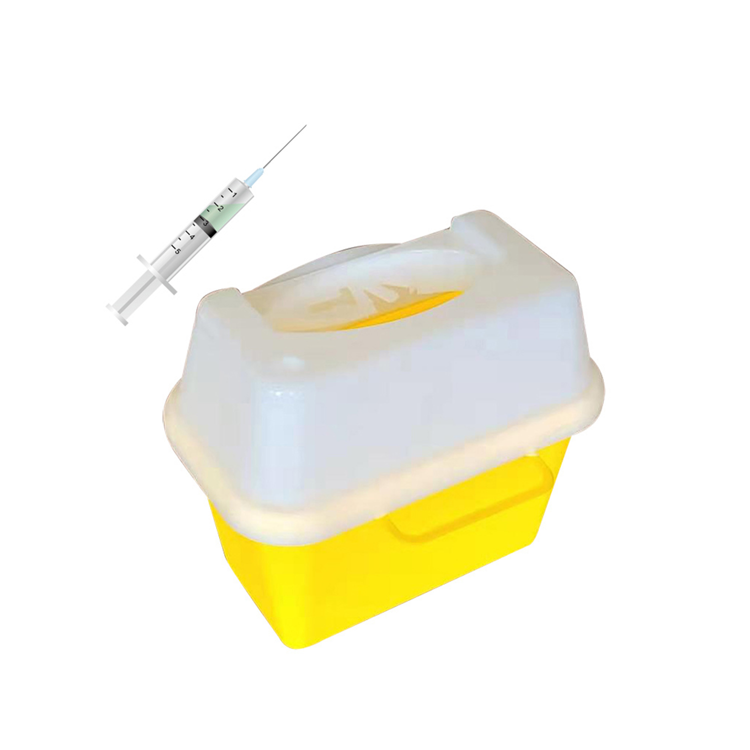 Square yellow plastic sharps box