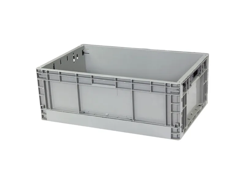 A gray solid stackable plastic crate, showcasing its sturdy, stackable design for storage and transport.