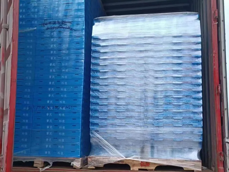 Blue plastic crates in export packaging, loaded for shipment.