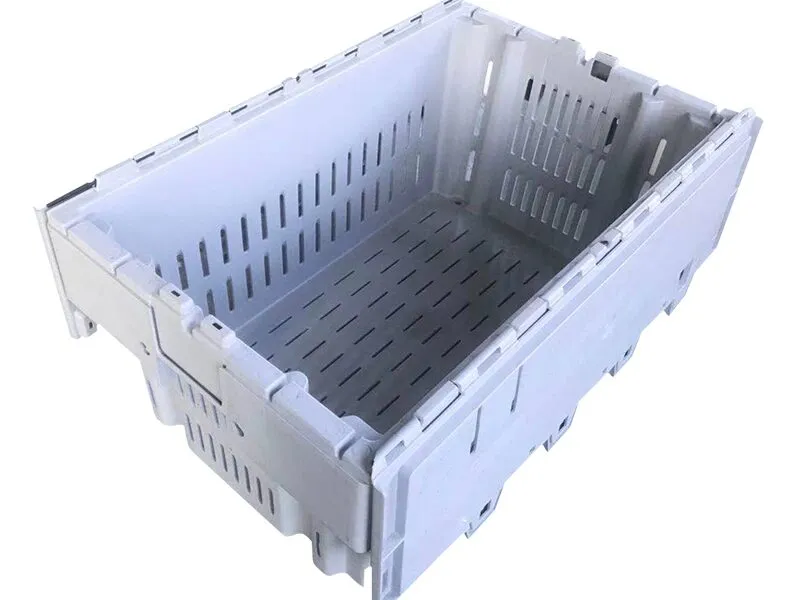 White plastic fish crate, empty, for seafood storage.