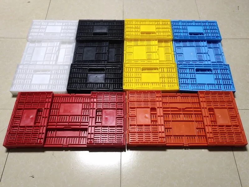 Colorful collapsible plastic crates, arranged in groups, useful for inventory zoning to organize and categorize stored items.