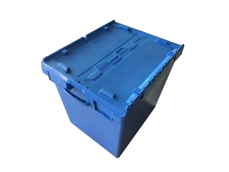 Blue plastic tote box with attached lid, suitable for organized storage.