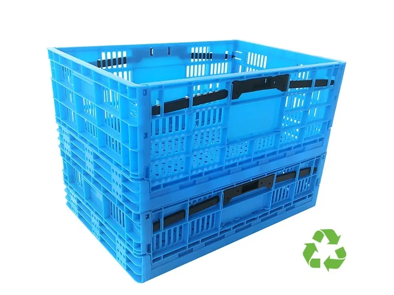 Blue collapsible stackable plastic crates with a recycling symbol, representing returnable packaging for reuse.
