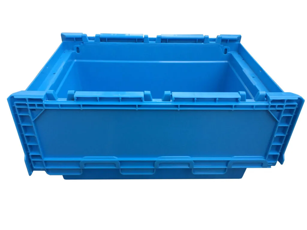 Open blue tote box with secure hinged lids, ideal for safe containment.