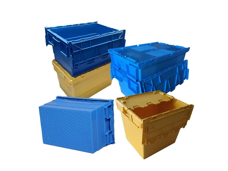 Blue and yellow attached - lid tote boxes, demonstrating size versatility.