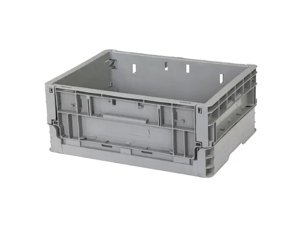 A gray solid foldable plastic crate, showcasing its sturdy, collapsible design for storage and transport.