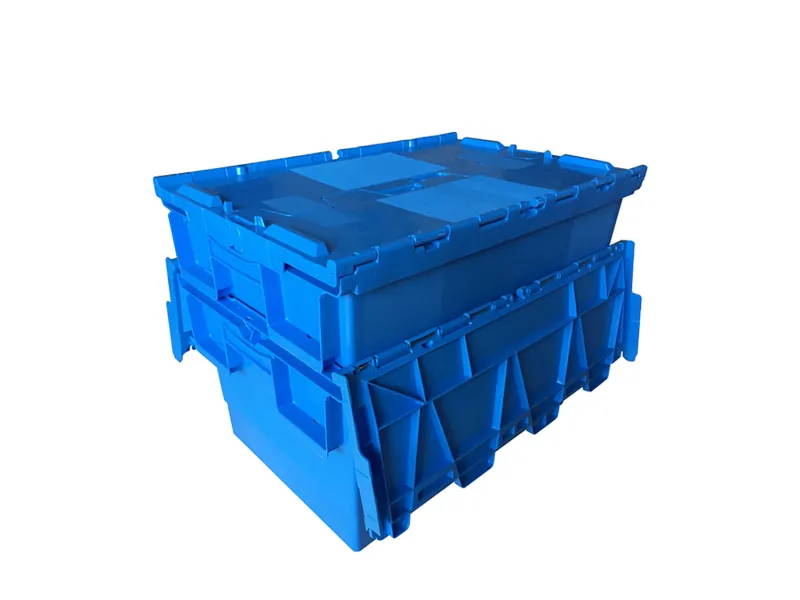 Stacked blue attached - lid tote boxes, showing nestable design.
