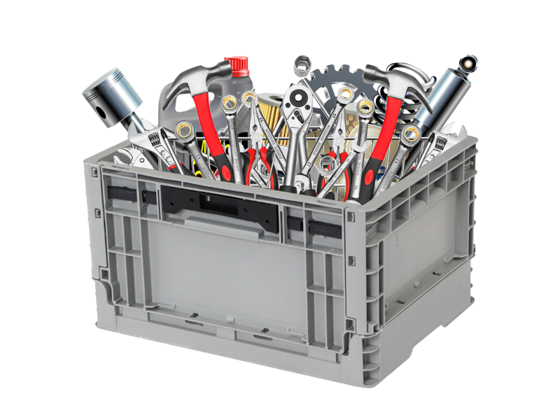 A gray plastic crate holding tools and maintenance kits.