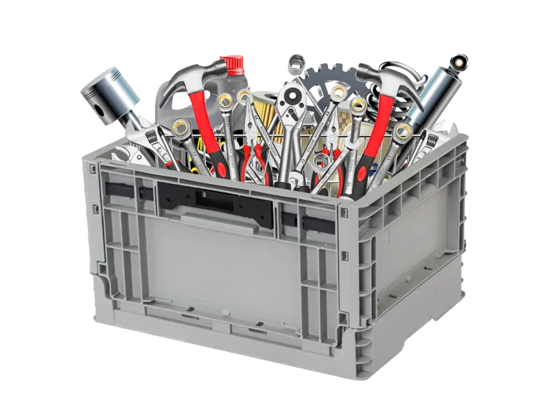 A gray plastic crate holding tools and maintenance kits.