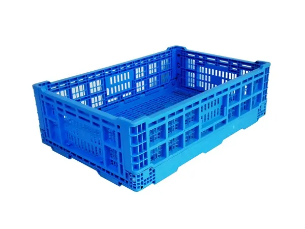 A blue ventilated foldable plastic crate, highlighting its mesh - like structure and foldable feature for easy use.
