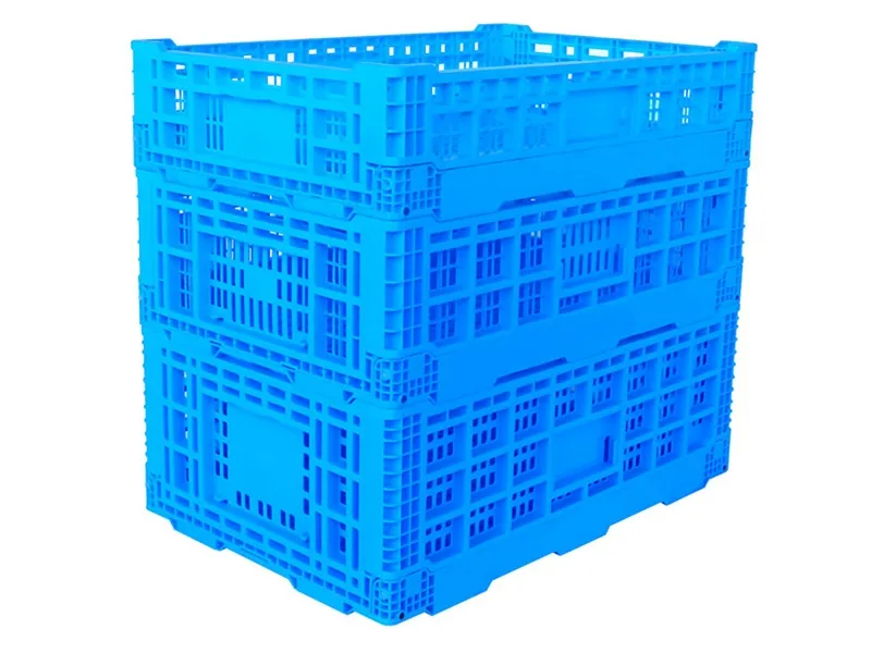 A blue ventilated stackable plastic crate, highlighting its mesh - like structure and stackable feature.