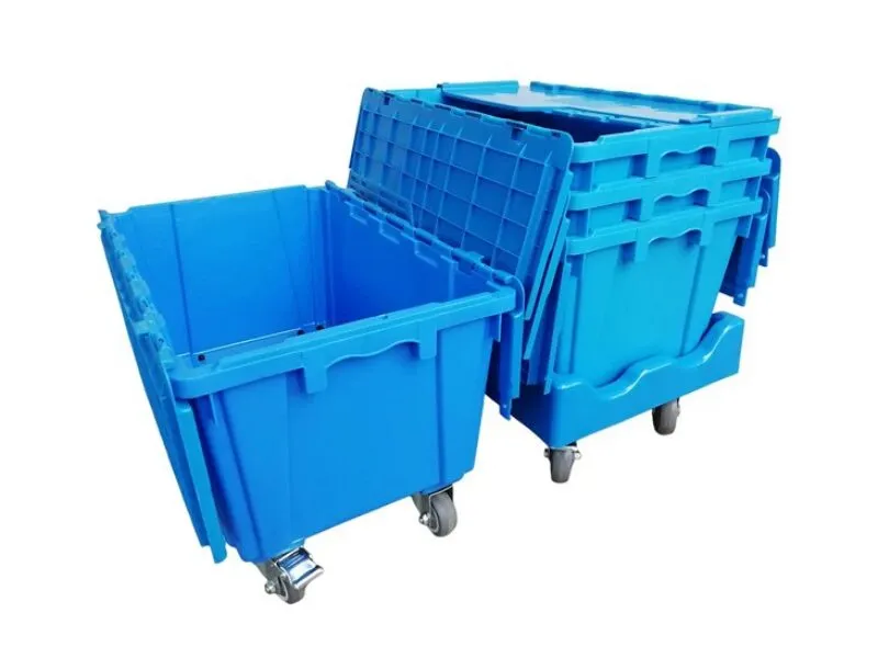 Blue wheeled tote boxes with attached lids, for easy mobility.